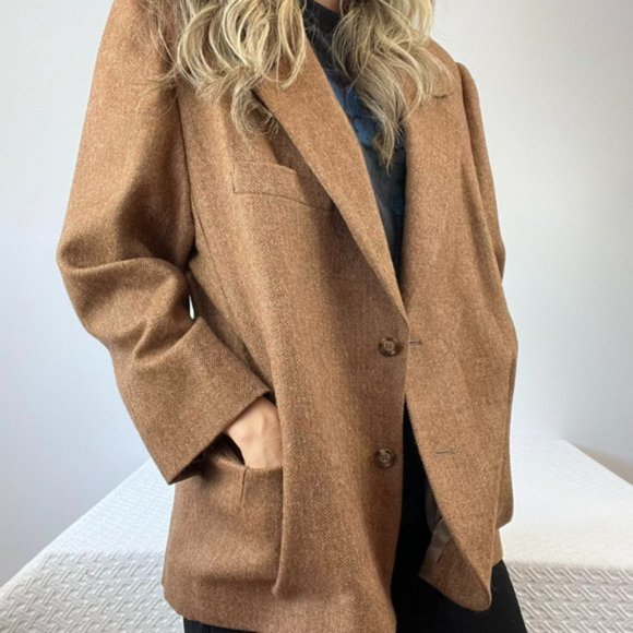 Vintage Pierre Cardin Pure Virgin Wool Herringbone dark Camel Brown Suit Jacket - Picture 11 of 15